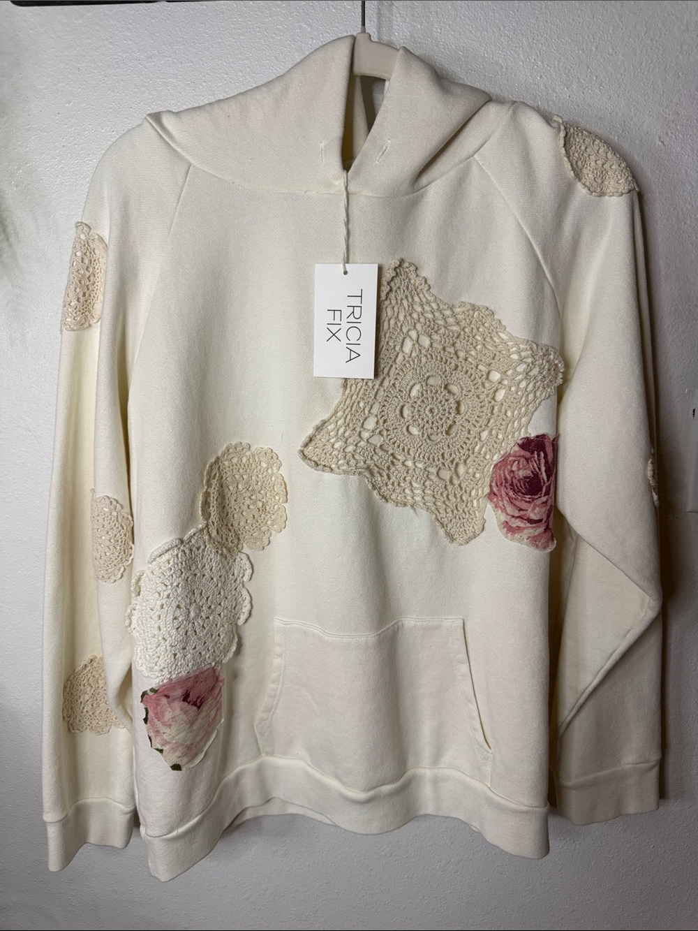 Tricia Fix Cream Hoodie with Crochet Appliqués and Rose Accents NWT Large